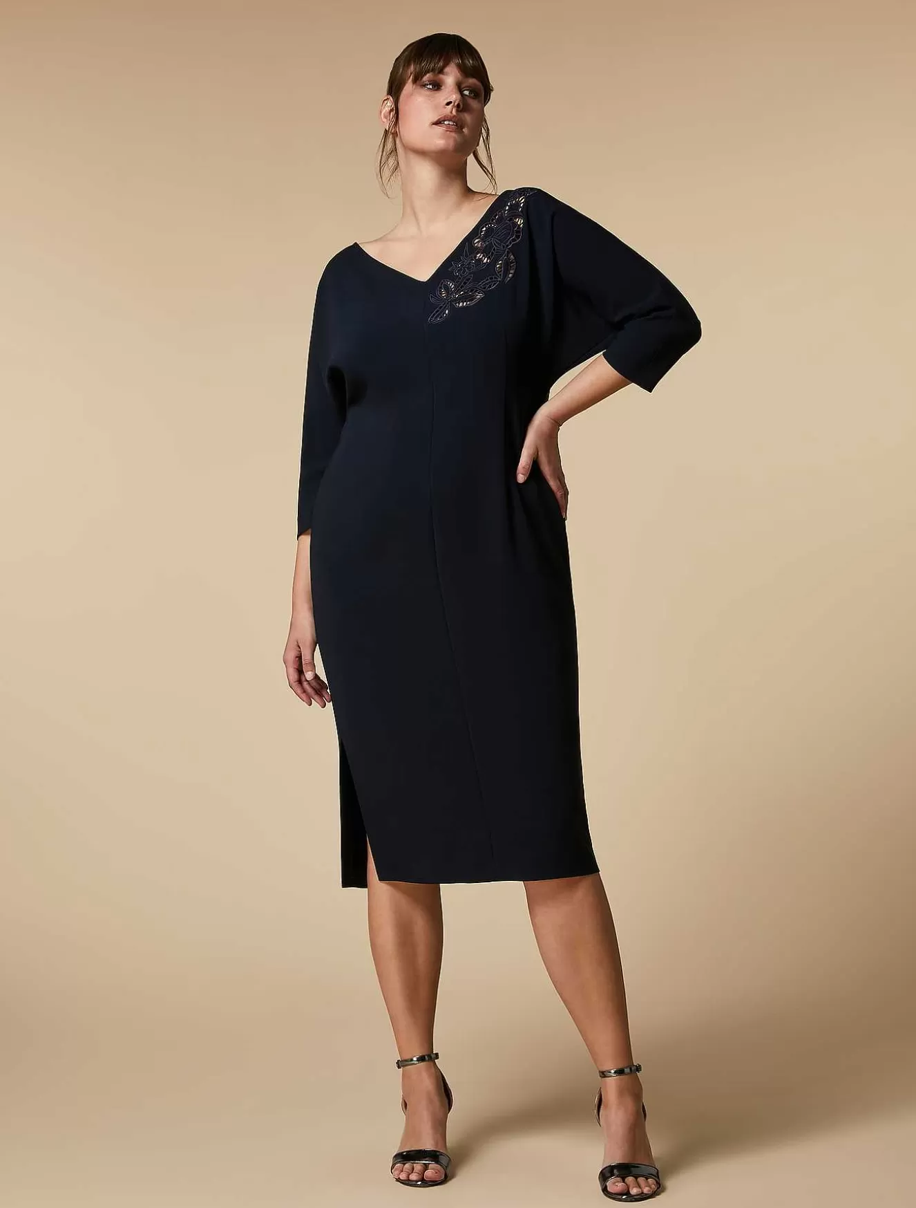 Embroidered Cady Sheath Dress-Marina Rinaldi Store