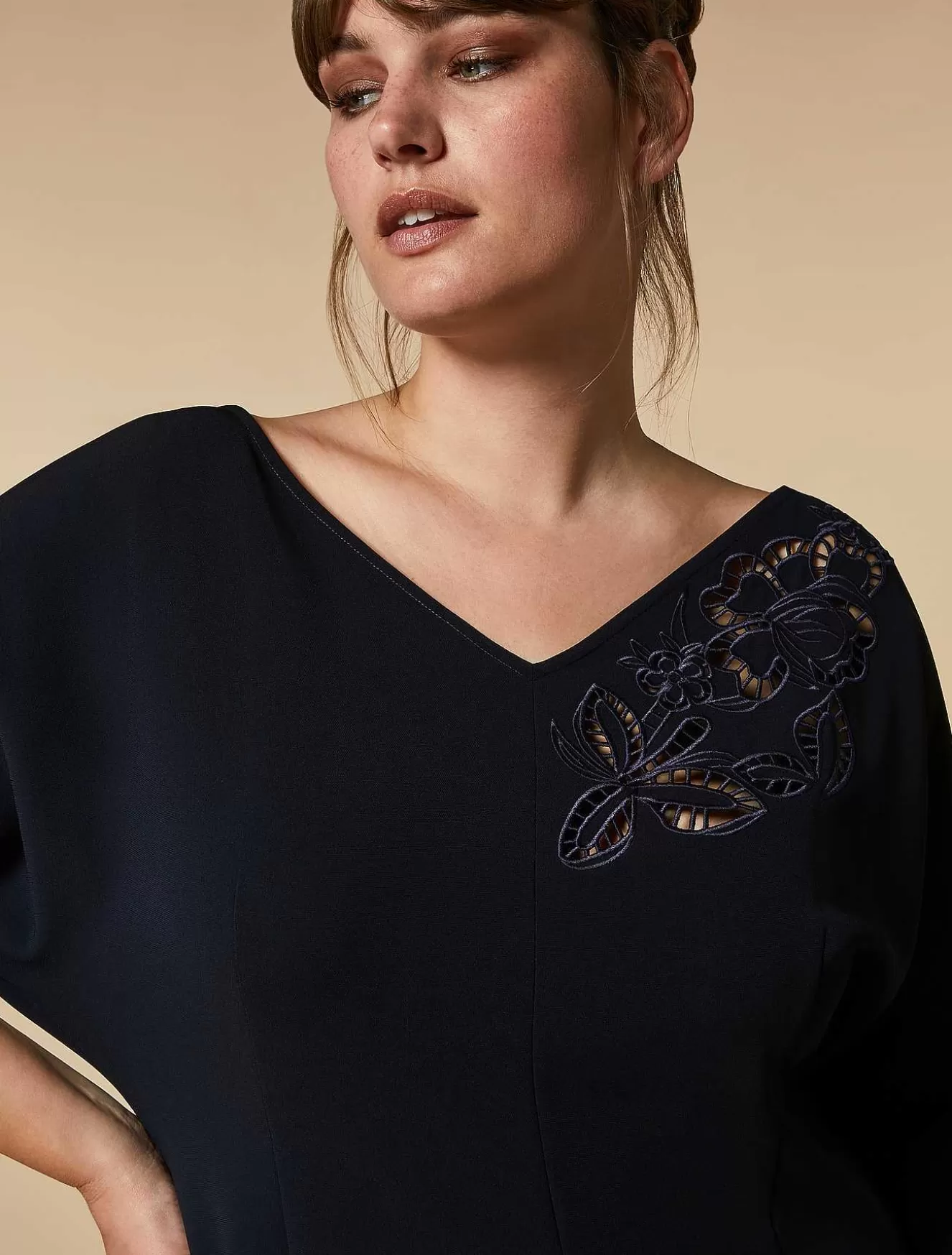 Embroidered Cady Sheath Dress-Marina Rinaldi Store