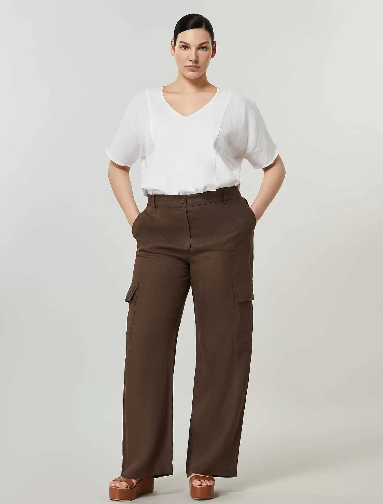 Linen Blend Cargo Trousers-Marina Rinaldi Hot
