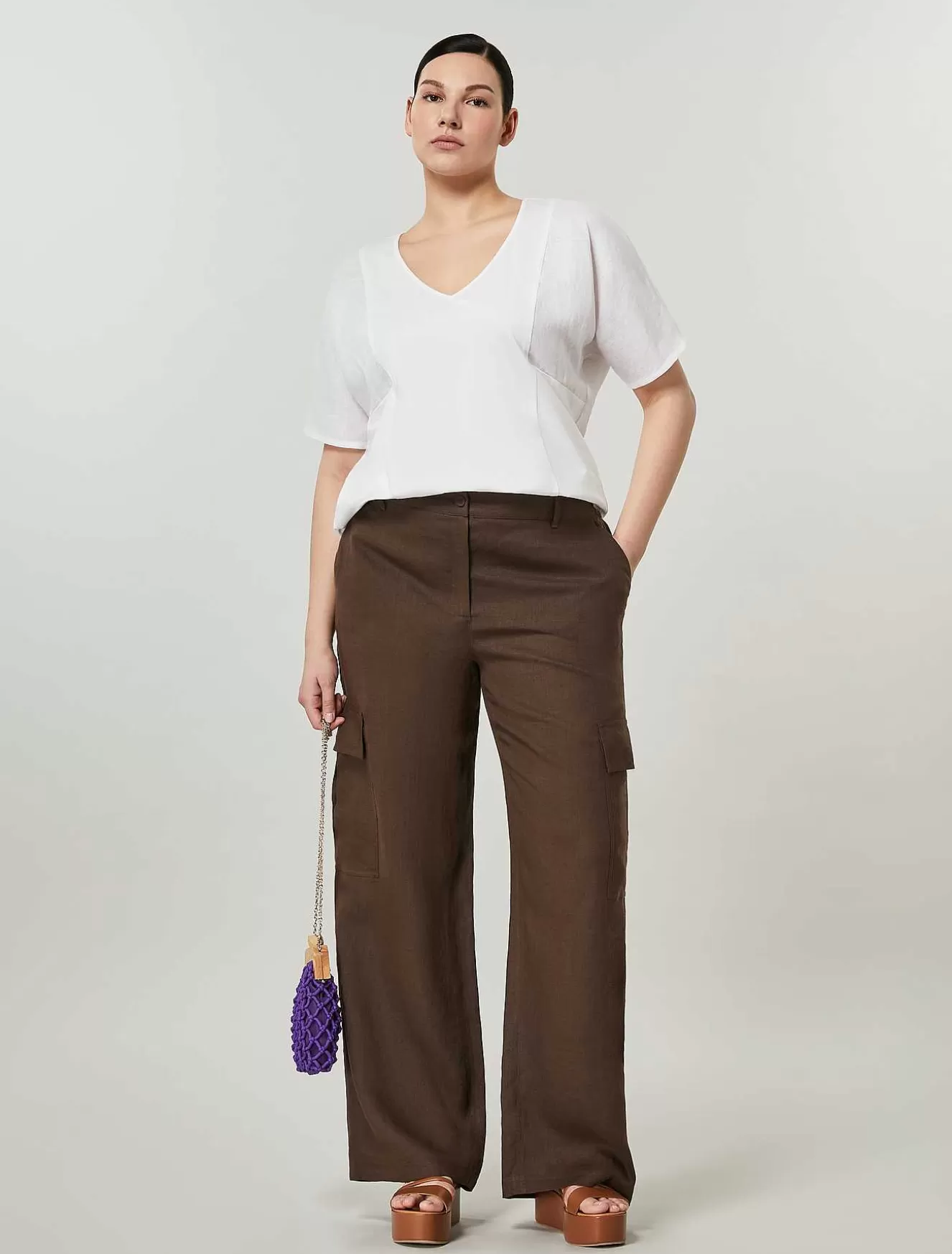 Linen Blend Cargo Trousers-Marina Rinaldi Hot