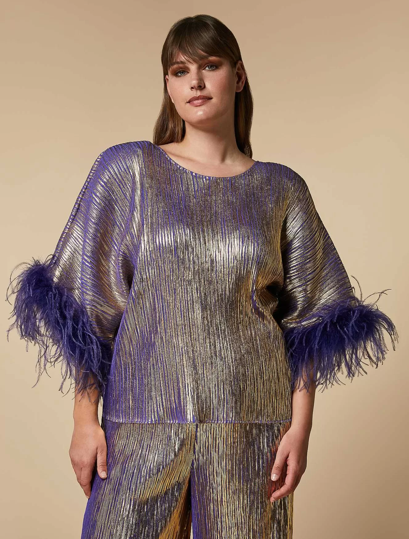 Metallic Top With Feathers-Marina Rinaldi Store