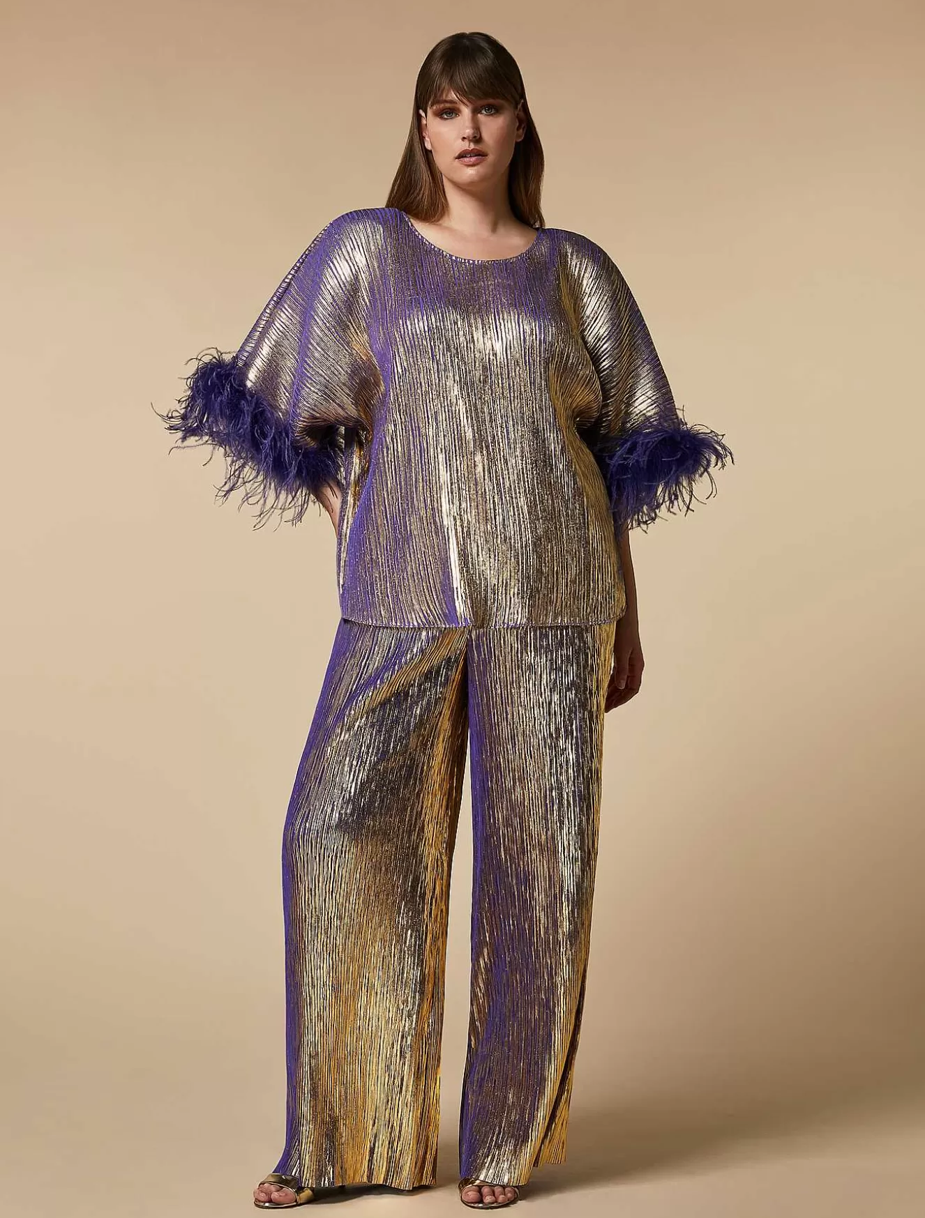 Metallic Top With Feathers-Marina Rinaldi Store