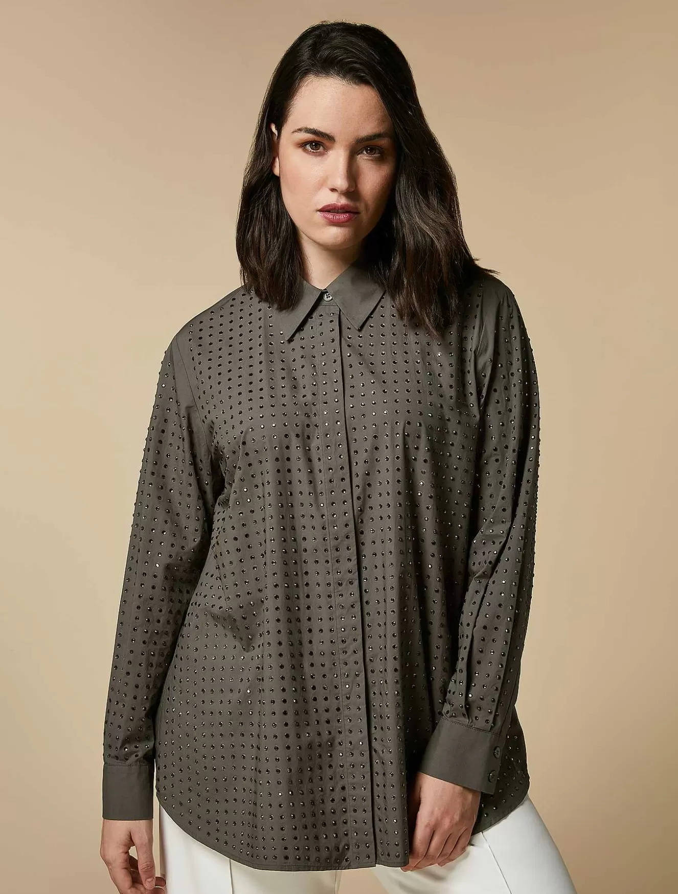 Rhinestone-Adorned Poplin Shirt-Marina Rinaldi Sale